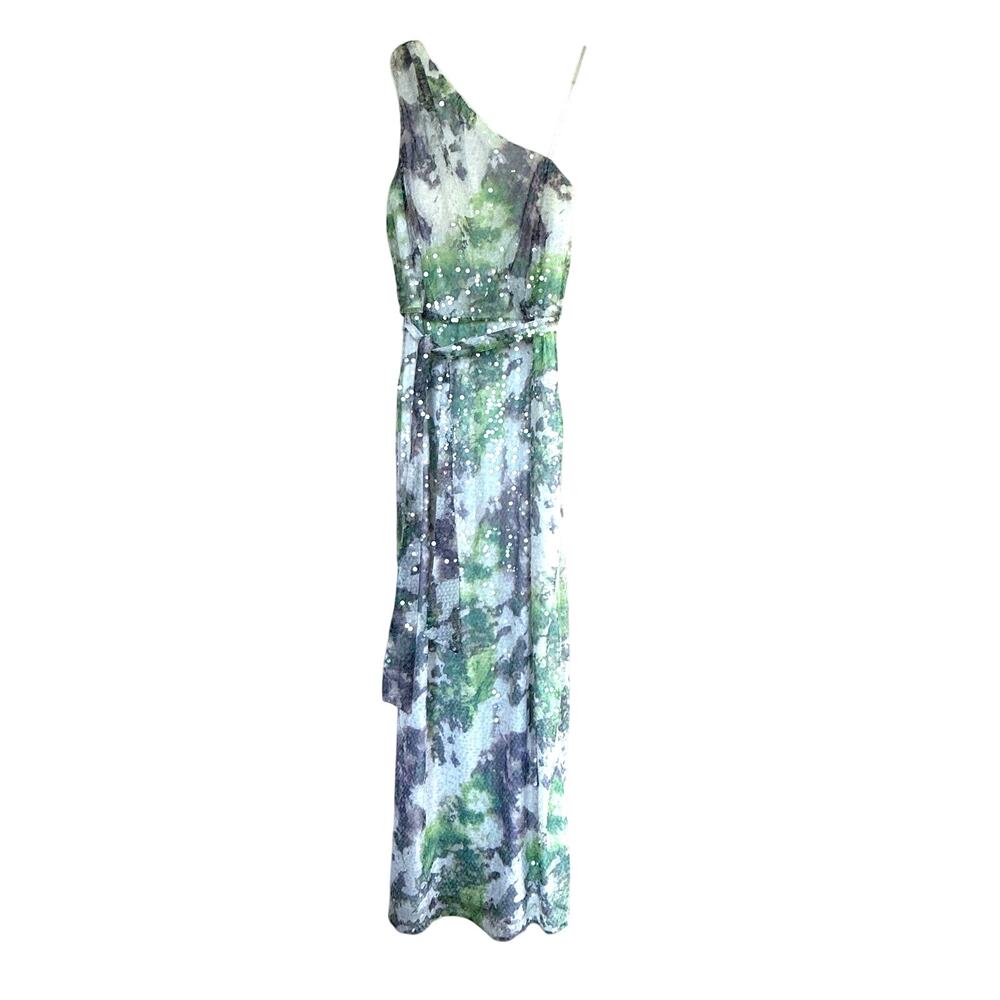 AIDAN MATTOX green purple white one shoulder full sequin maxi long dress